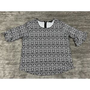 Ellen Weaver Top Womens 2X White Black Patterned 3/4 Sleeve Casual‎